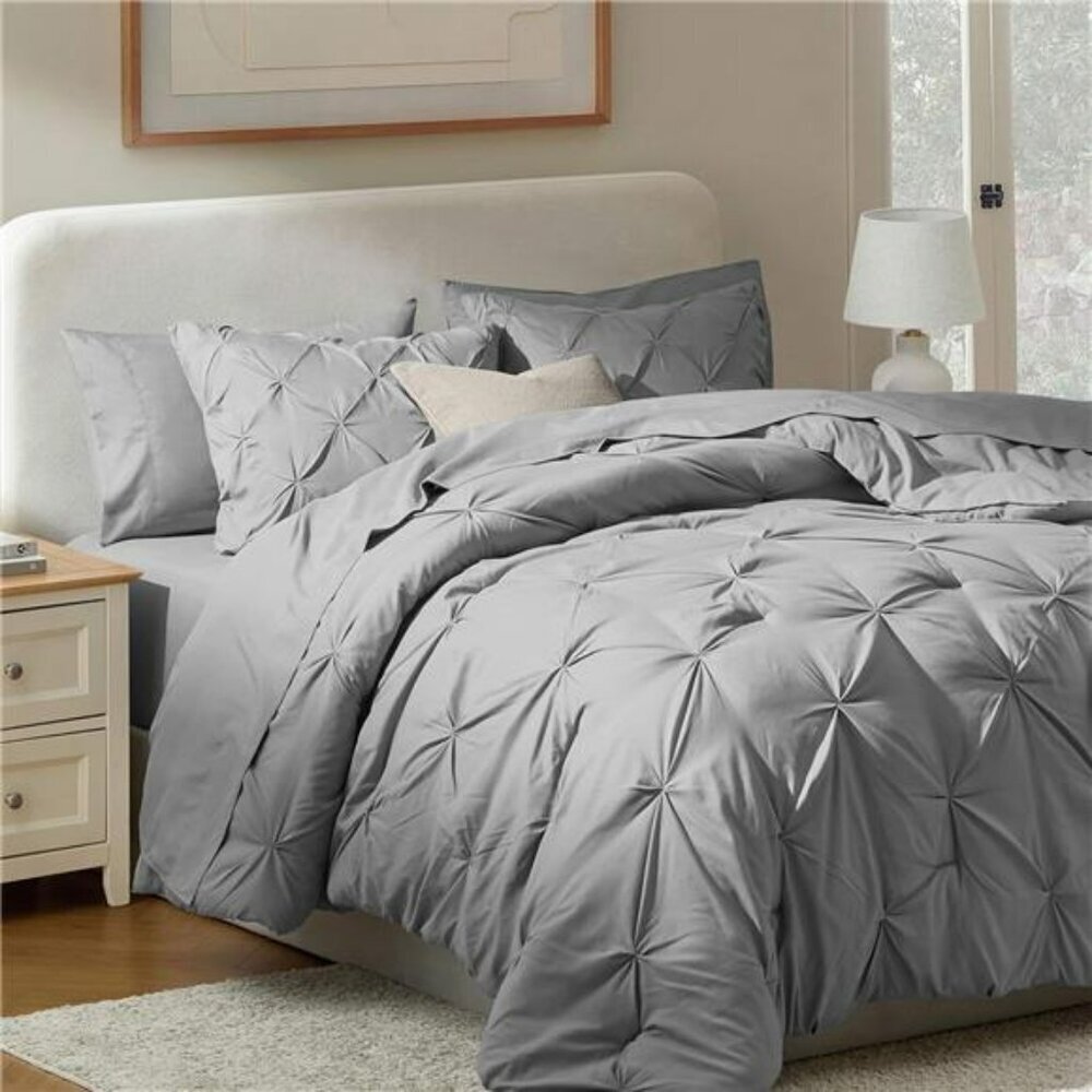 Nestl Queen Comforter Set 7 Piece Grey Pinch Pleat Bed in a Bag Bedding